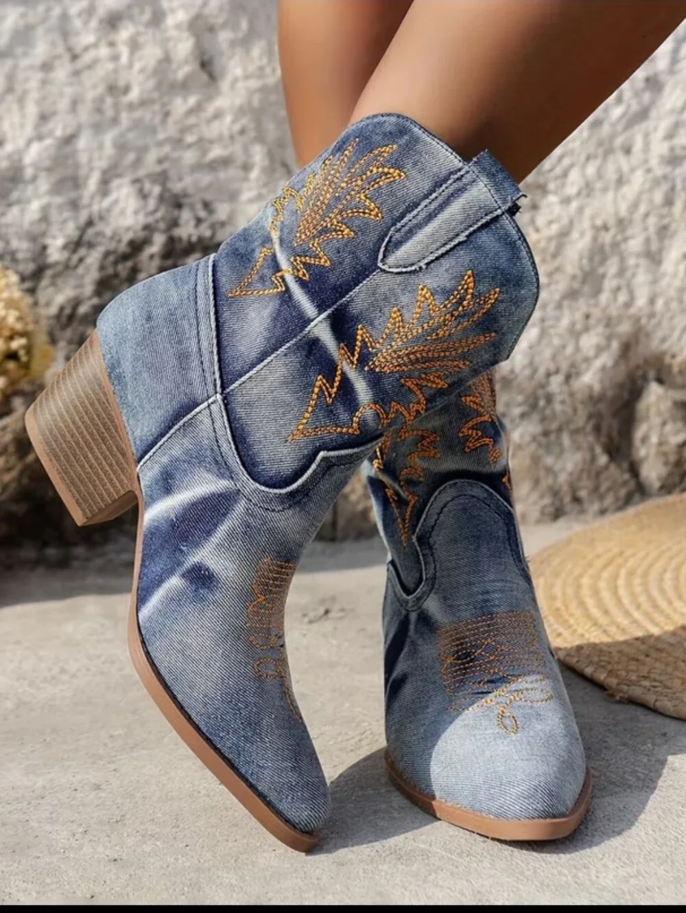 Western Denim Embroidered Mid-Heel Ankle Boots - Blue